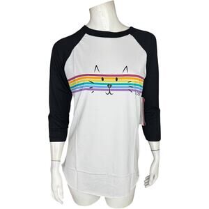 BOBS Skechers Peek A Cat Rainbow Baseball Tee Small NWOT White Black 3/4 Sleeve
